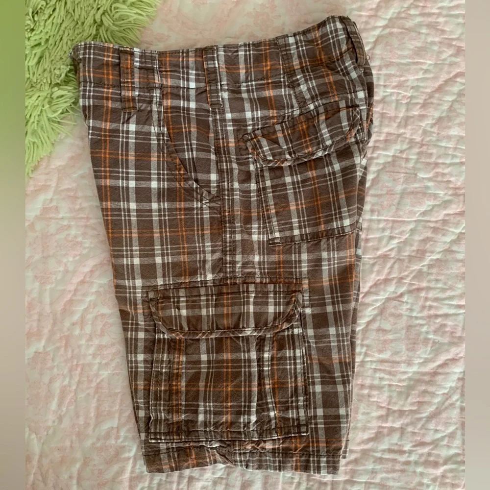 OshKosh B'Gosh Shorts Boys 7X Brown Plaid Cargo Flat Front Pockets Adjustable